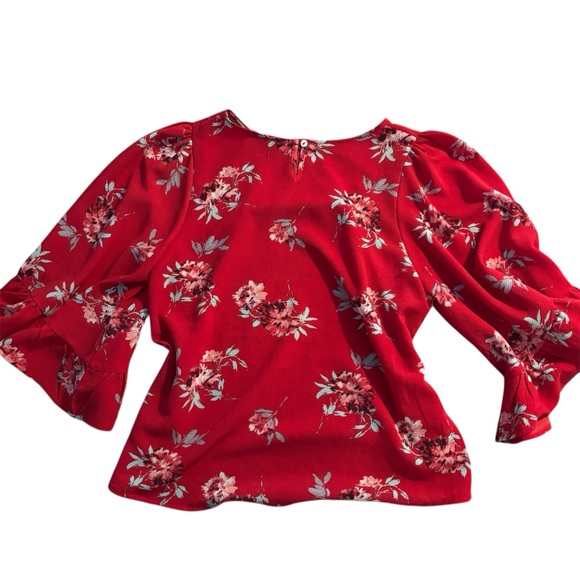 Red Floral Ruffled 3/4 Sleeve Blouse Size M By Hayden - Picture 2 of 3